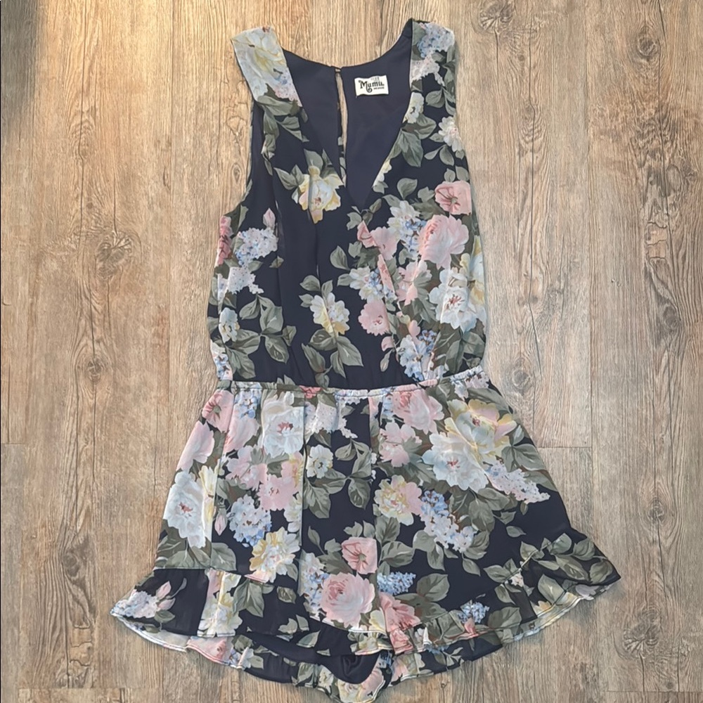 Show Me Your MuMu Blue Floral Romper with Sleeveless Design and Fitted Waist